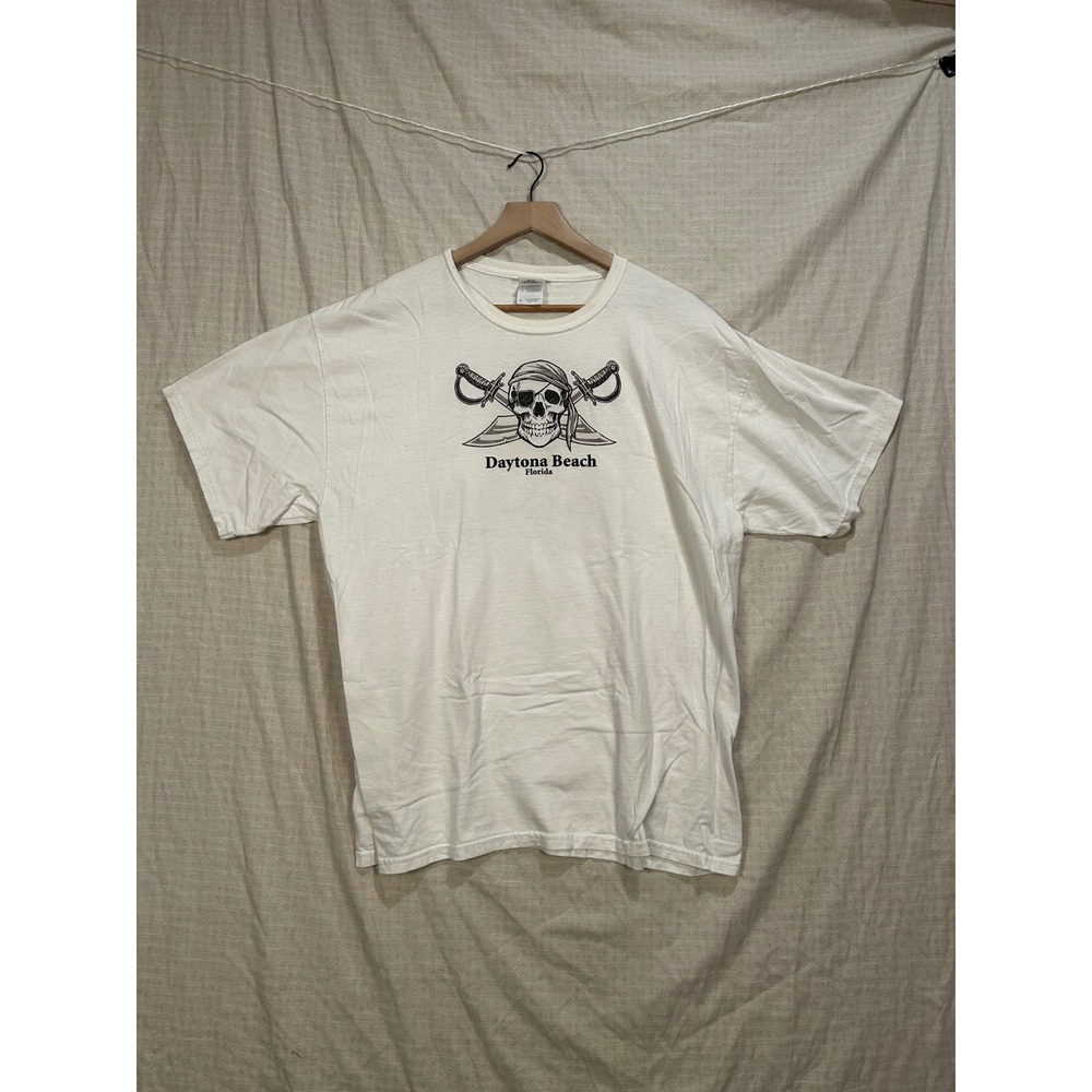 Daytona Beach Florida Pirate Skull Graphic T-Shirt White Mens XL #2140